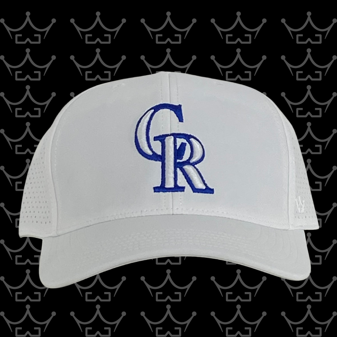 King Series Curved White Hat w/ CRMS CR Blue Logo