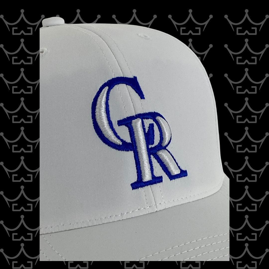 King Series Curved White Hat w/ CRMS CR Blue Logo