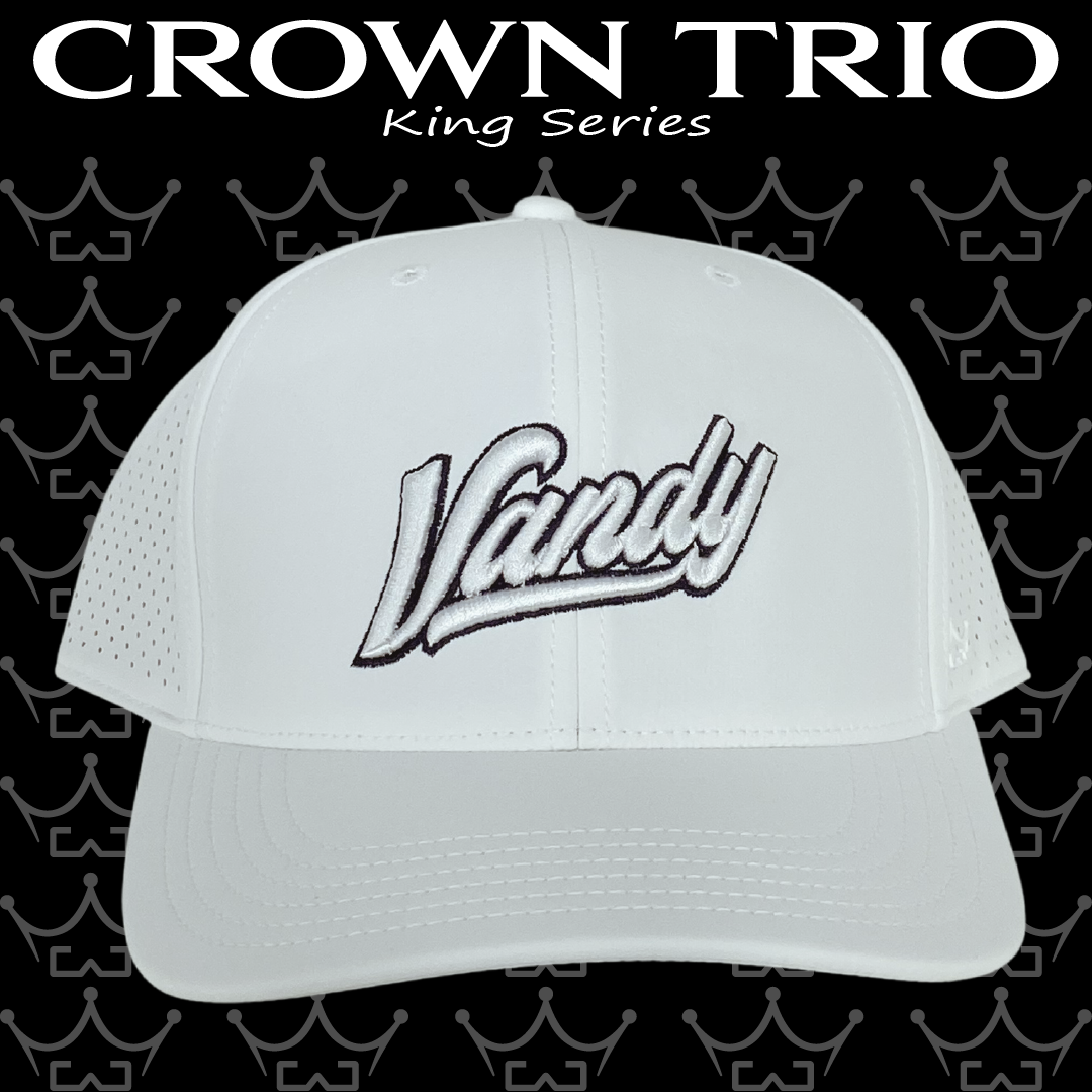 King Series Curved White Hat w/ Vandy White Script Logo
