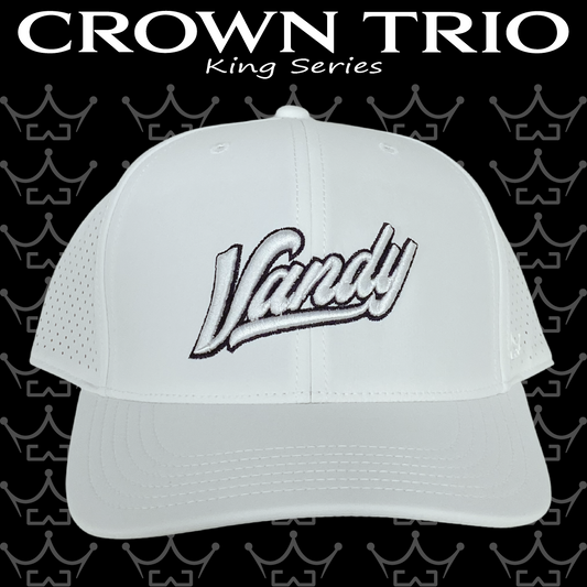 King Series Curved White Hat w/ Vandy White Script Logo
