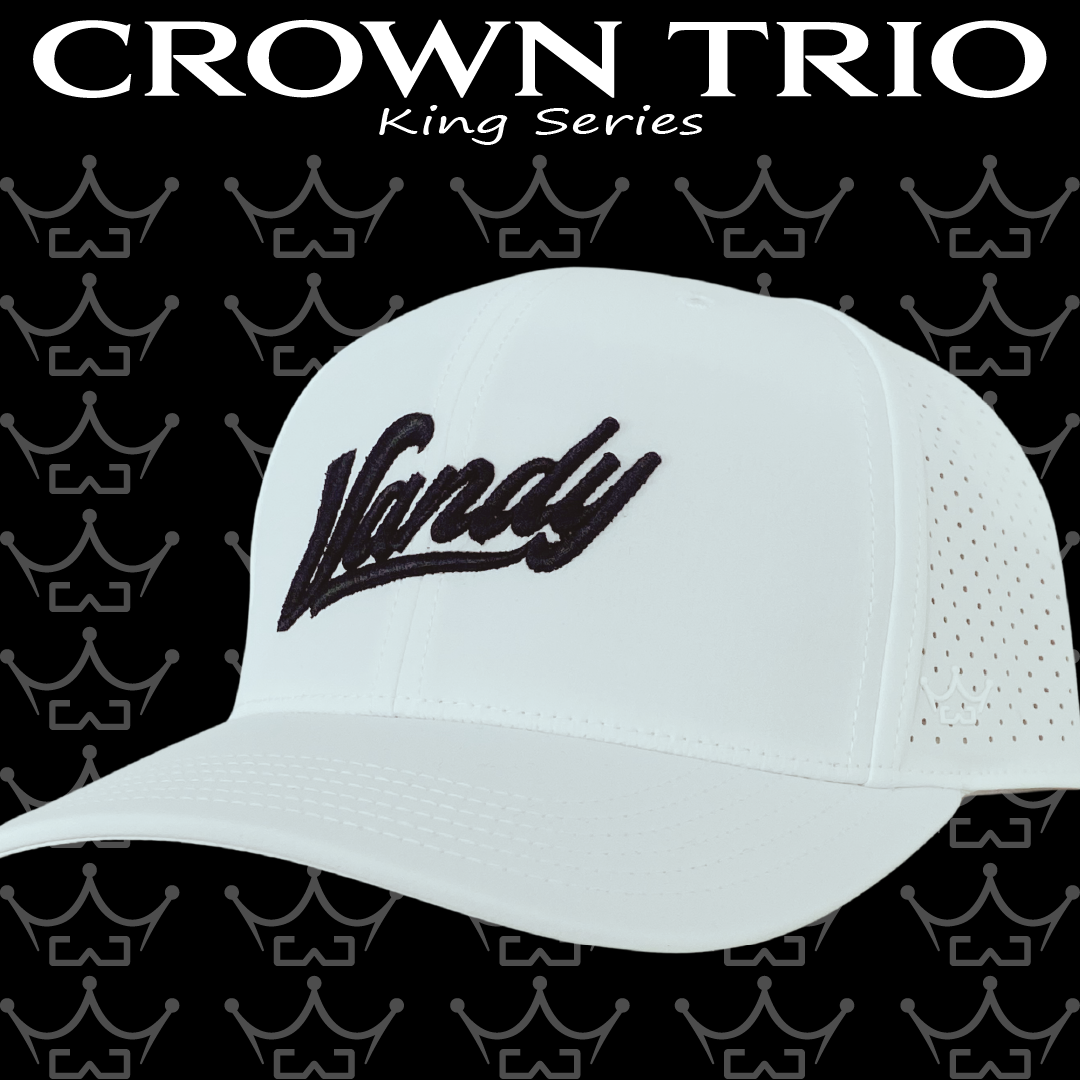 King Series Curved White Hat w/ Vandy Black Script Logo