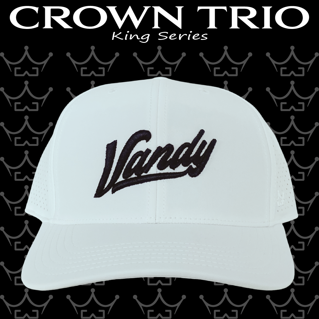 King Series Curved White Hat w/ Vandy Black Script Logo