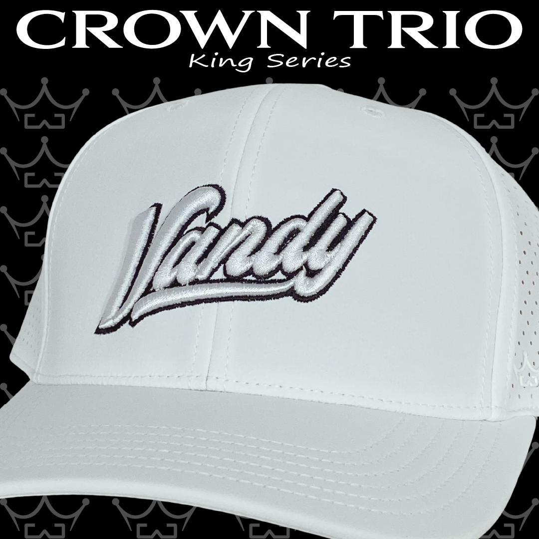 King Series Curved White Hat w/ Vandy White Script Logo