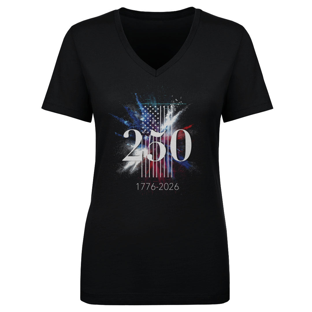 Adult Women's V Neck USA America 250 Years Flag Spray WHT